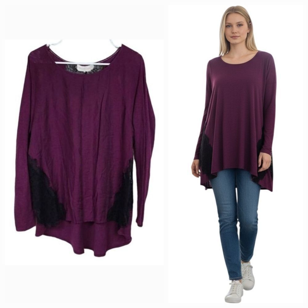 Two by Vince Camuto Purple Black Lace Tunic Large Long Sleeve Knit Swing Top